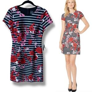 NWT ADRIANNA PAPELL Floral Striped Dress Scuba Black Red Size 6